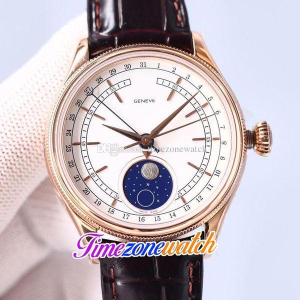 

twf cellini aerolite moon phase 50535 cal a3195 automatic mens watch white dial m50535-0002 rose gold case brown leather 39mm watches timezo, Slivery;brown