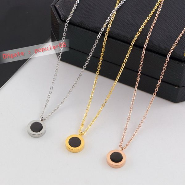 

new arrive fashion lady 316l titanium steel lettering 18k plated gold necklaces with black white mother of pearl two-sided pendant 3 color, Silver