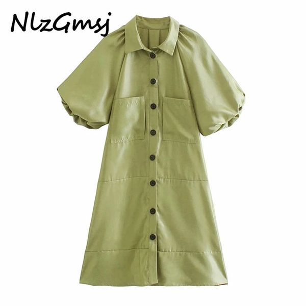 

dress woman green midi pleated design lantern sleeve es short button blouses 210628, Black;gray