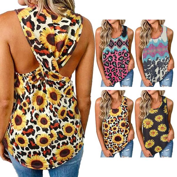 

women's tanks & camis summer women tank sleeveless o-neck sunflower print shirts casual loose backless vest ladies pullover streetwear, White
