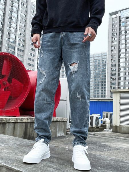 

men slant pocket ripped jeans 62k4#, Blue