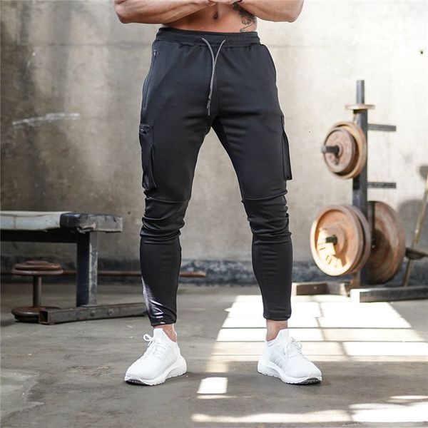 

men's pants pant jogging sweatpants cotton fitness multi-pocket trousers gym training hip hop running pant tl35, Black