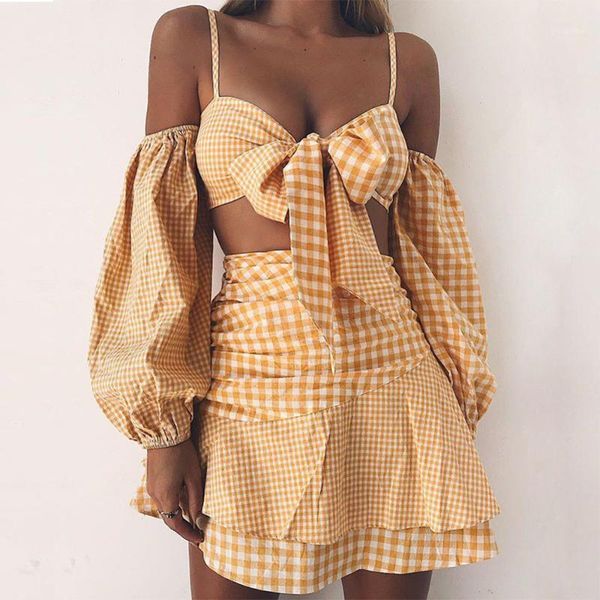 

women two-piece lantern sleeve tube cross-border plaid dress slash neck plaid mini dress sets women summer fashion sets1, White