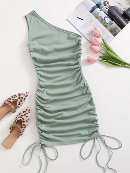 

one shoulder ruched knot side bodycon dress p9ed#, Black;gray