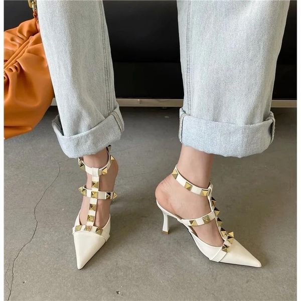 

sandals 2021 women's shoes the high heel all-match thin lady wedding pointed toe rivets summer footwear, Black