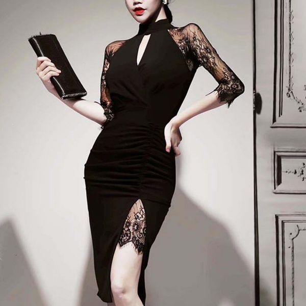 

2021 new women's unified black , korean retro fashion, sexy, add, lace sewing, slim, series spring and summer xyqa, Black;gray