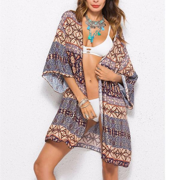 

summer women boho chiffon kimono cover-ups female floral cardigan beach bikini cover up casual outfits, White;black