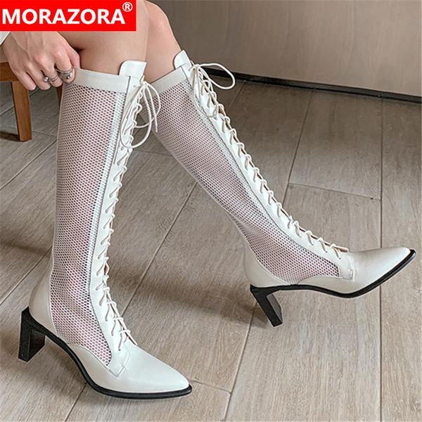 

morazora 2021 new arrival women boots fashion lace up breathable knee high boots spring autumn genuine leather, Black