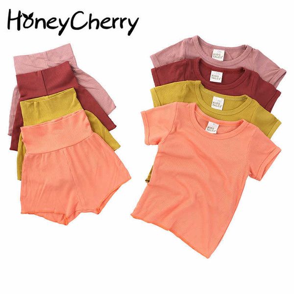 Modelos de verão algodão de manga curta + calças terno pijama infantil set meninas conjunto de roupas 210701