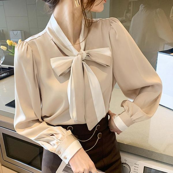 

women's blouses & shirts chikichi 2021 spring and autumn korean fashion bow tie long-sleeved shirt blouse office lady sweet satin pullo, White