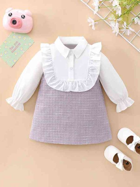 

baby ruffle trim flounce sleeve tweed dress she, Red;yellow