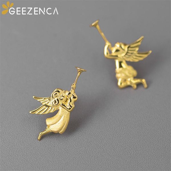 

stud original design 925 sterling silver earrings for women angel play horn asymmetric earring fine jewelry cute romantic trendy, Golden;silver