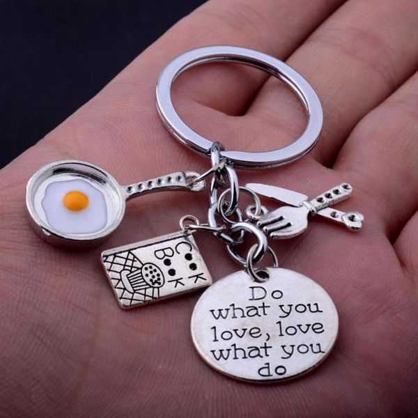 

keychains chef engraved words do what you love keyrings cook book egg knife and fork charm pendant key rings, Silver
