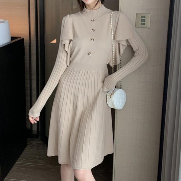 

casual dresses spring and autumn knitted dress women temperament internet celebrity feminine shawl collar slim fashion korean lady, Black;gray
