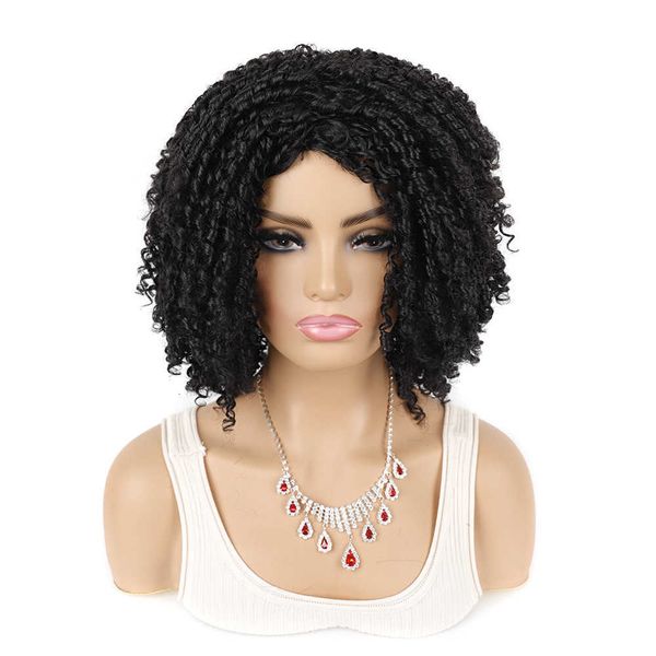 

women's dirty braided sleeve curved wig small head ffy curly short hair cover, Black