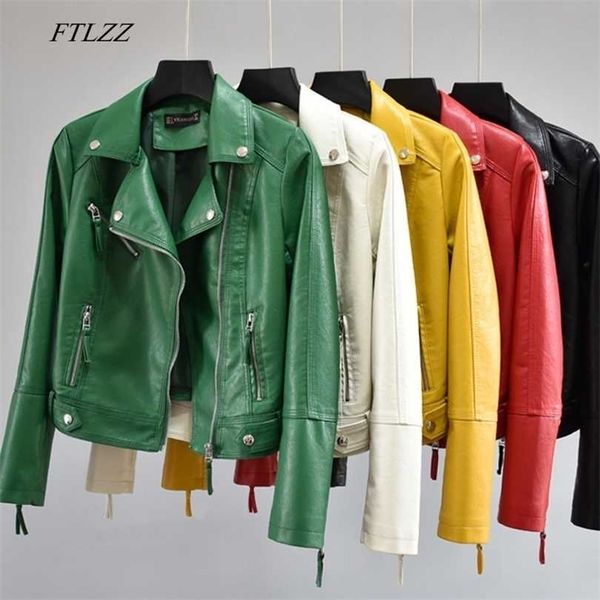 

ftlzz women autumn pu faux soft leather motorcycle zipper jacket coat female turndown collar slim biker coats basic streetwear 211221, Black