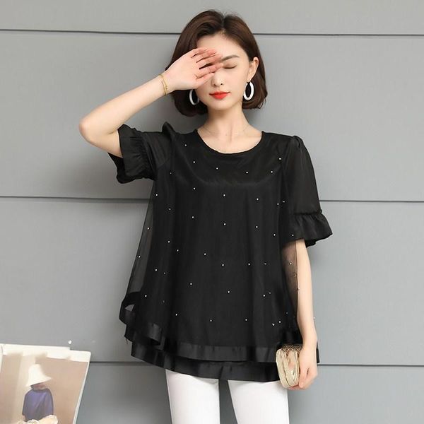 

women's blouses & shirts women transparent mesh ruffles black o-neck summer short sleeve lace spliced plus size 5xl thin blouse, White