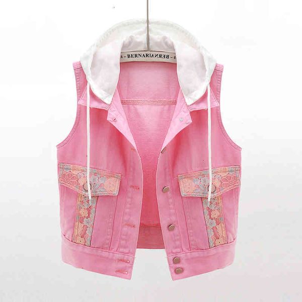 

women's jackets jackets pink white lace patchwork hooded vest spring summer women sleeveless denim vests korean fashion waistcoat wy7x, Black;brown