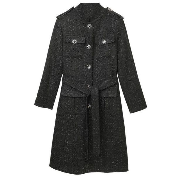 

women's wool & blends plus size 4xlblack tweed coat small fragrance autumn winter women business office ladies long overcoat, Black