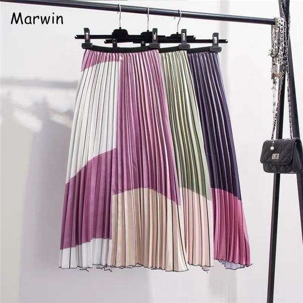 

marwin new-coming summer contrast color splice pleated skirt women skirts high street style a-line mid-calf fashion skirts 210309, Black