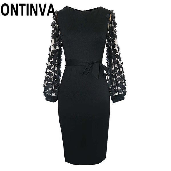 

ladies elegant tight sheath knee length dress with belt transparent lantern sleeve retro body con party dresses summer 210527, Black;gray