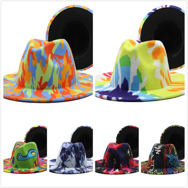 

graffiti fedora hat for lady woolen church cap band wide flat brim jazz hats stylish trilby panama caps, Blue;gray