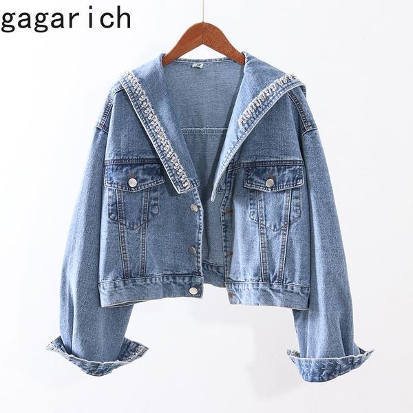 

women's jackets gagarich denim jacket women sailor collar diamonds pockets single breasted loose harajuku casual autumn vintage 2021 je, Black;brown