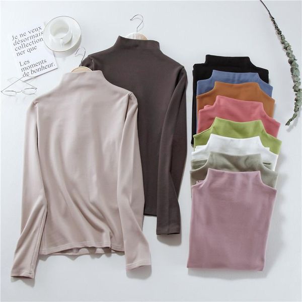 

women's t-shirt srping autumn black white solid women long sleeve t-shirts half turtleneck female casual slim t shirt girl bottoming to