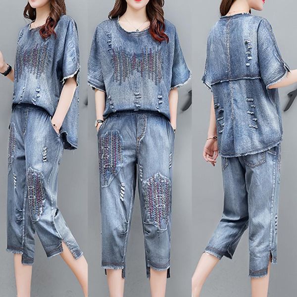 

blue denim suit 2 piece set plus size women cowboy 2021 summer outfits embroidery and pant suits loose co-ord sets clothes, Gray