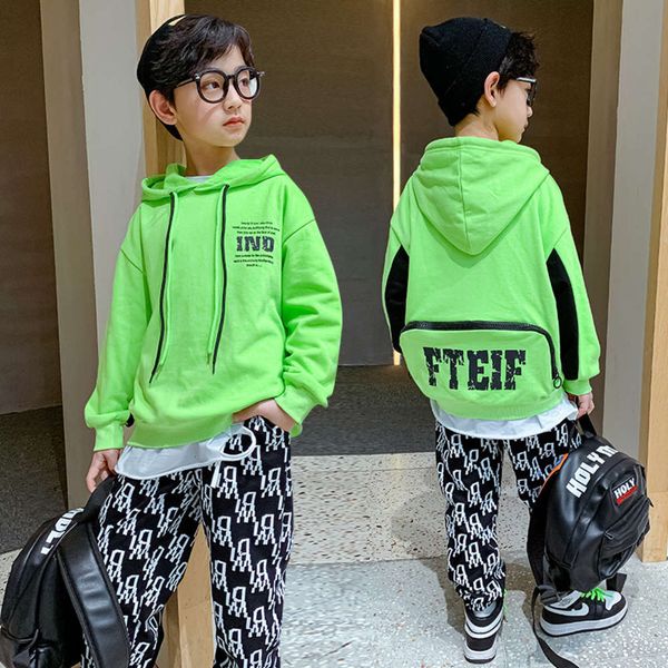

spring clothing personality fashion letter children's 2021 terry hooded sweater leisure boys' sports suit, White