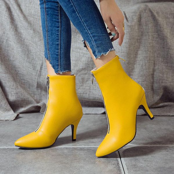 

boots winter spring and autumn women shoes pu high heels ladies ankle front zipper decorative short large size 34-43, Black