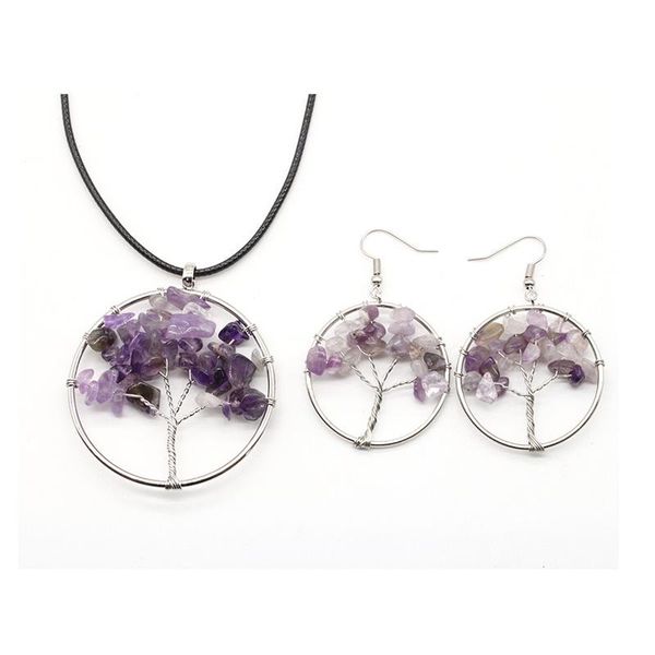 

earrings & necklace tree of life set for women wisdom chakra reiki healing natural stone pendant jewelry making, Silver