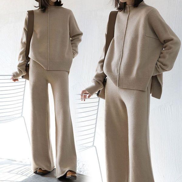 

women's two piece pants 2021 women autumn winter solid knit 2 set lady o-neck sweater + high waist wide leg pant suit female casual loo, White
