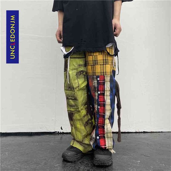UNCLONJM Kafes Patchwork Hip Hop Harajuku Rahat Pantolon Yüksek Sokak Tasarım Ins Moda Erkekler Pantolon T2-A002 210715