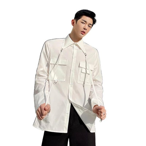 

men's casual shirts removable ribbon long sleeve loose white cargo man japan korean streetwear fashion shirt male, White;black