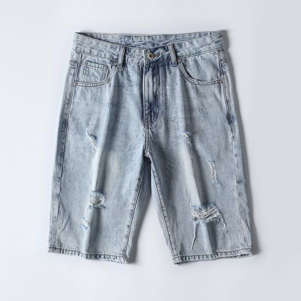 

men's jeans ripped for men denim shorts moto biker short man loose fit light blue hollow out frayed streetwear large size