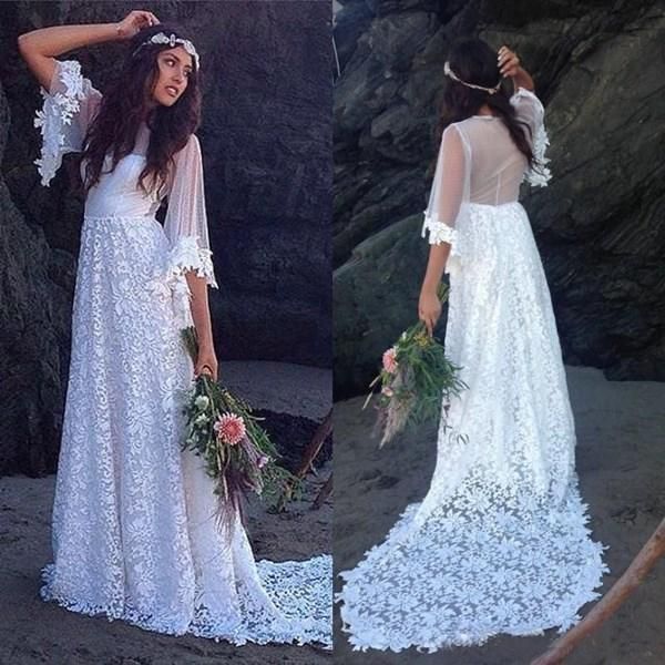 

2021 boho wedding dresses with long poet sleeves lace sweep train jewel neck sheer custom made country wedding bridal gown vestido de novia, White