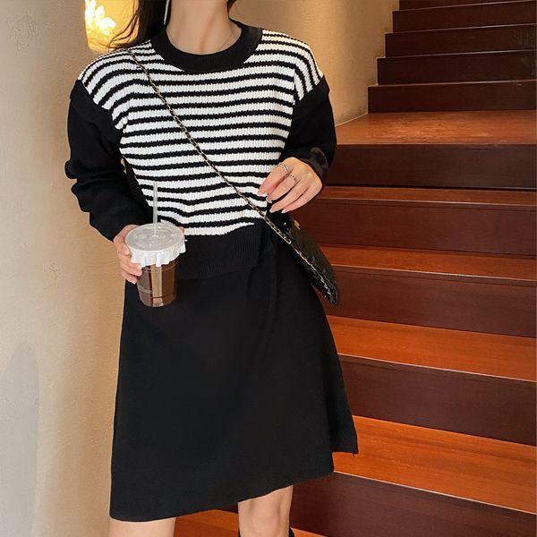 

2021 short spring party of women long sleeve crochet stripe shreds elegant korean dress vintage to line h6ed, Black;gray