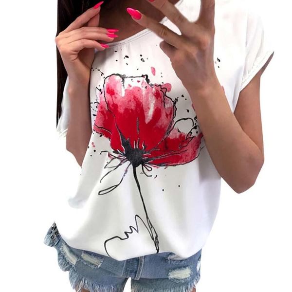 

women's t-shirt women short sleeve casual floral print ladies loose shirt tee fashion female 2021, White