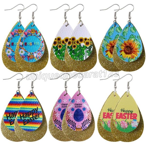 

double layer leather water drop dangle earrings sunflower easter egg print handmade pendant earring for woman gift jewelry, Silver