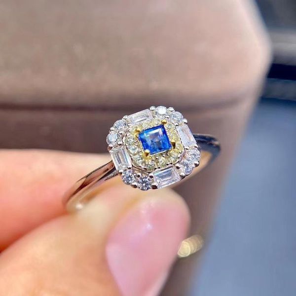 

cluster rings natural and real sapphire ring 925 sterling silver fine jewelry for wedding, Golden;silver