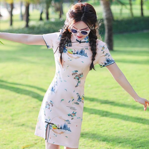 

ethnic clothing women daily casual mandarin collar qipao summer chinese style pink print short sleeve cheongsam plus size s  l xl xxl, Red