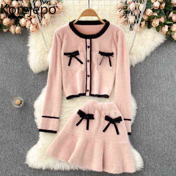 

korejepo french fashion suits women autumn and winter aging knitted soft sweater set sweet bow skirt two-piece set 211119, White