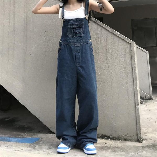 

women's jeans overalls trend men's and denim casual loose wide-leg ins retro japanese, Blue