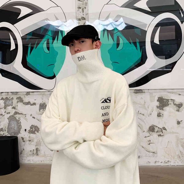 

men's turtleneck winter thick warm gentry lazy fashion letter casual couple sweater loose harahjuku pullovers, White;black