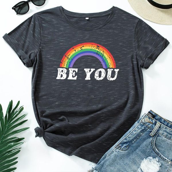 

women's t-shirt be you t shirt women cotton plus size colourful rainbow print retro graphic tshirts short sleeve o-neck casual oversize, White
