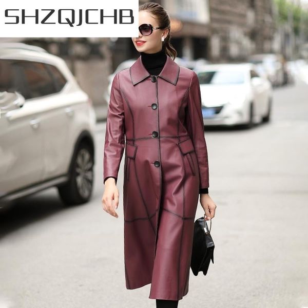 

women's leather & faux jchb 2021 jackets genuine sheepskin long coat female autumn korean slim real jacket women chaqueta, Black
