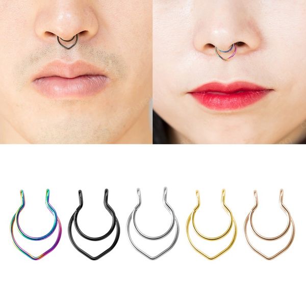 

fake septum piercing stainless steel nose ring non piercing clip on nose rings hoop faux lip stud for women body jewelry, Silver