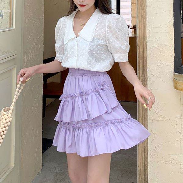 

summer woman harajuku high waist vintage y2k skirt purple black korean ruffles chiffon pleated cake mini skirts lady trendy 2021