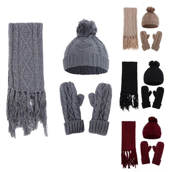 

hats, scarves & gloves sets winter warm thick soft rhombus twisted knitted hat scarf set solid color three-piece pompom skullies beanies cap, Blue;gray